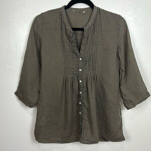 Brown Pintuck Button Down 3/4 Sleeve V-neck Top Blouse Size S